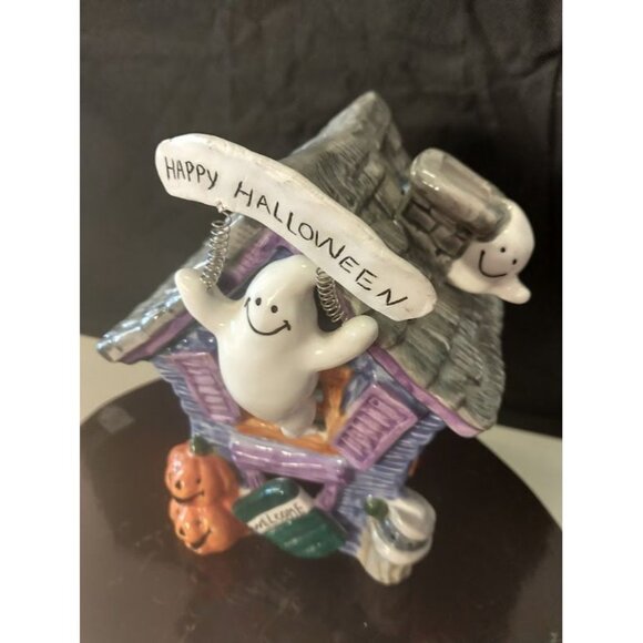 Ceramic Haunted House Votive Holder With Ghosts & Pumpkins - Picture 6 of 7